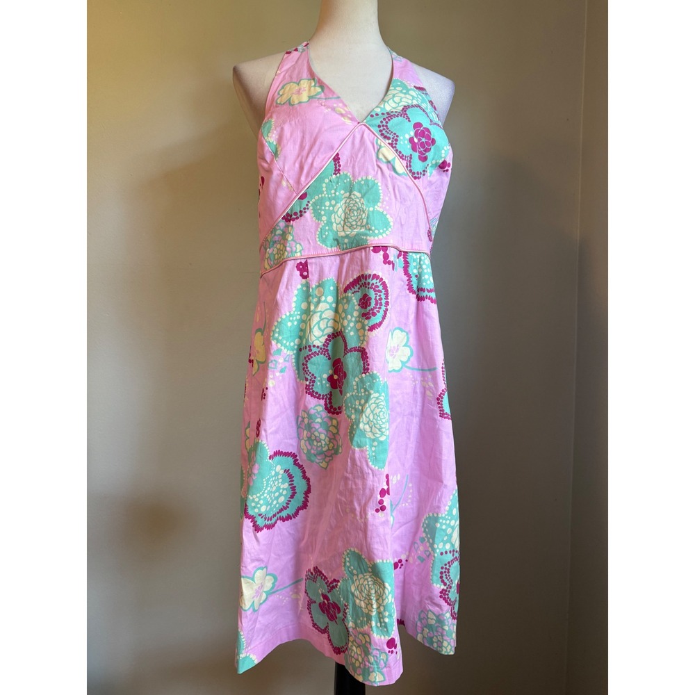 Retro Pink Floral Halter Mini Dress 16 Cotton y2k whimsi fairy green preppy boho